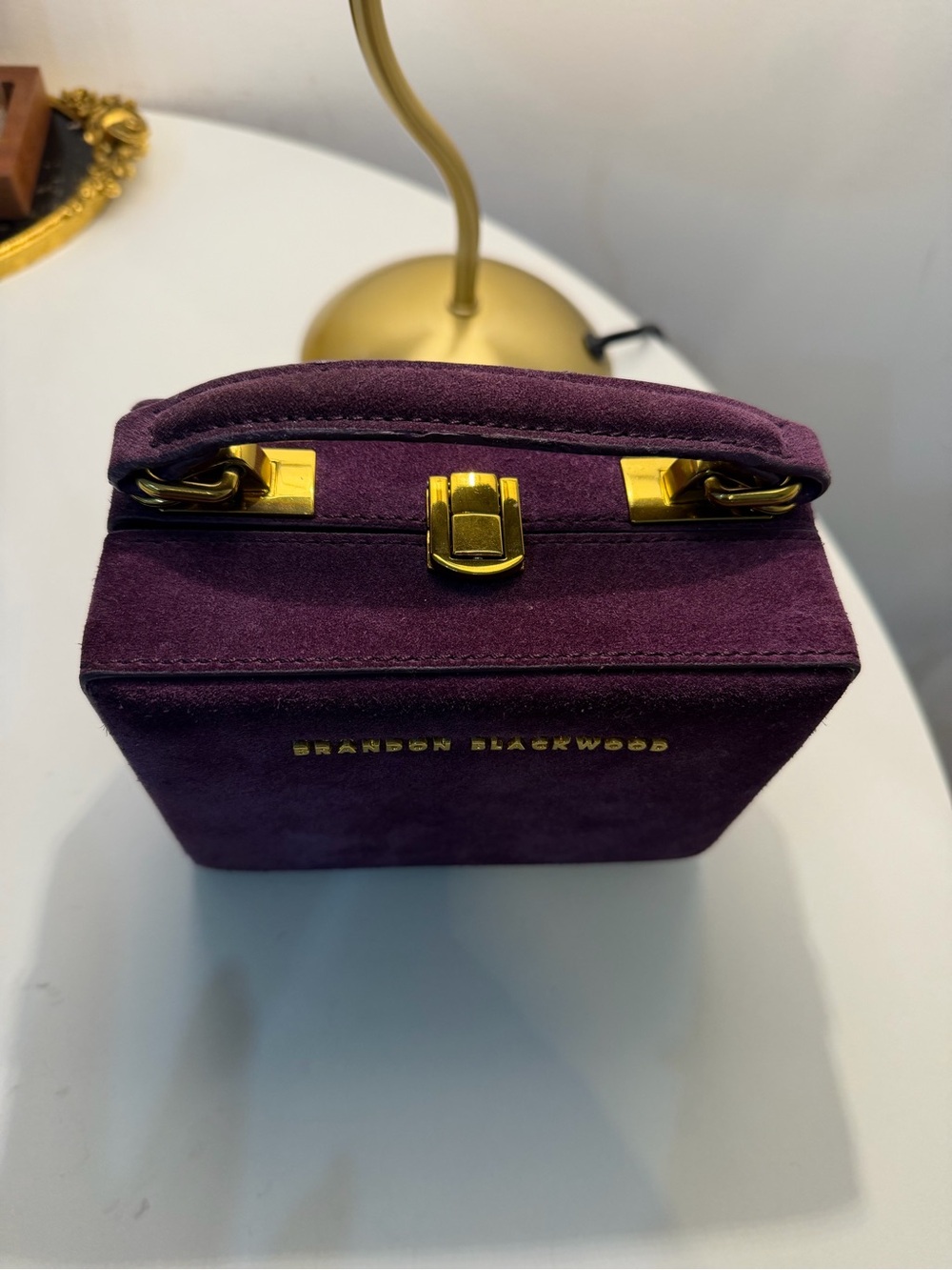 Brandon Blackwood Deep Purple Suede Top Handle Box Bag with Gold Hardware - Picture 10 of 10